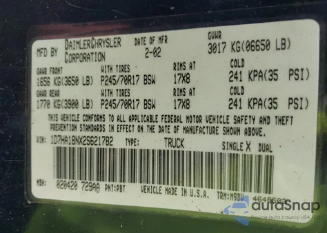 2002 Dodge Ram 1500 from USA, damaged, VIN 1D7HA18NX2S621782